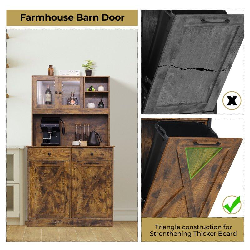 Pirecart Large Double Tilt Out Trash Cabinet 2 X 10 Gal Hidden Garbage Holder W/ Drawer And Shelves Vintage Wood