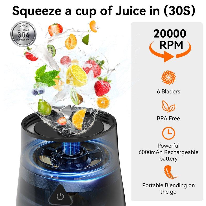 Portable Blender 6000mAh Portable Juicer With USB Rechargeable For Shakes And Smoothies BPA Free 24 Oz Juicer Cup With 6 Blades And Lid 360W Self Cleaning Personal Blender For Home/Office/Travel