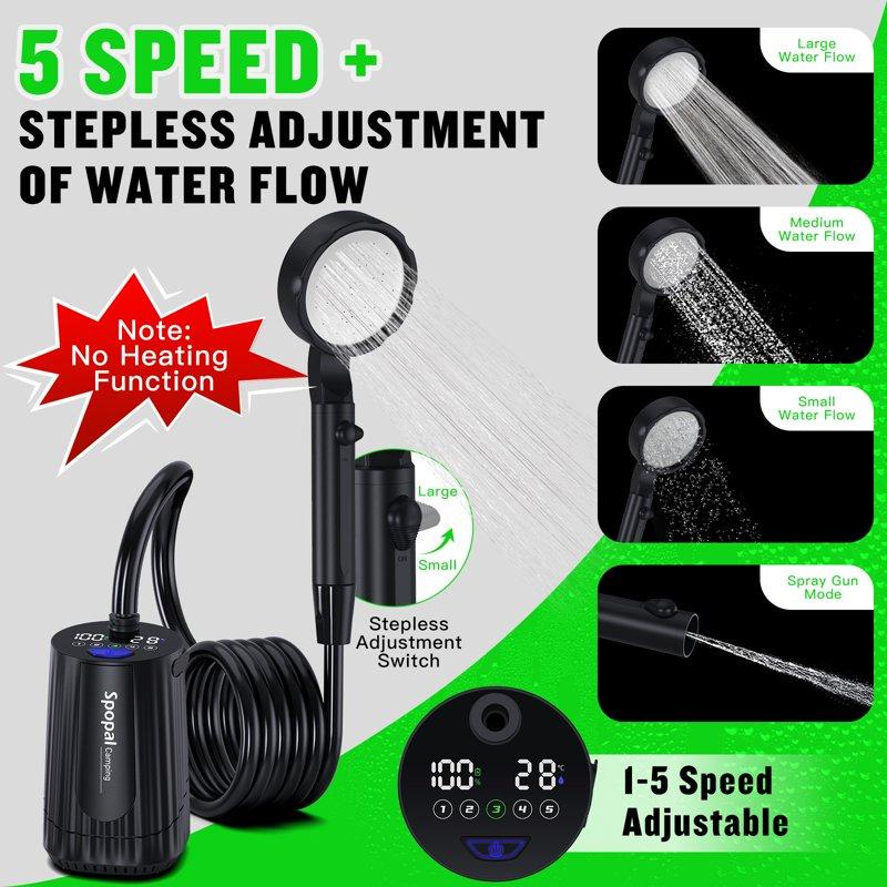 Portable Camping Shower - 10000mAh Rechargeable 5-Speed IPX8 Waterproof LED Display Camp Shower Pump- Perfect For Hiking Travel Cars & Pets