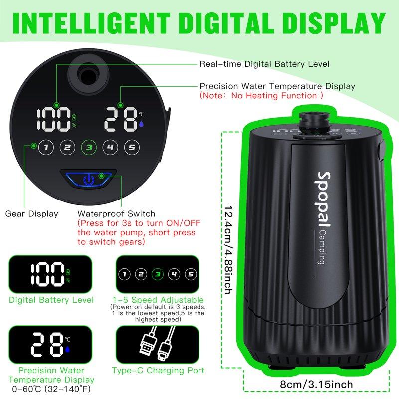 Portable Camping Shower - 10000mAh Rechargeable 5-Speed IPX8 Waterproof LED Display Camp Shower Pump- Perfect For Hiking Travel Cars & Pets