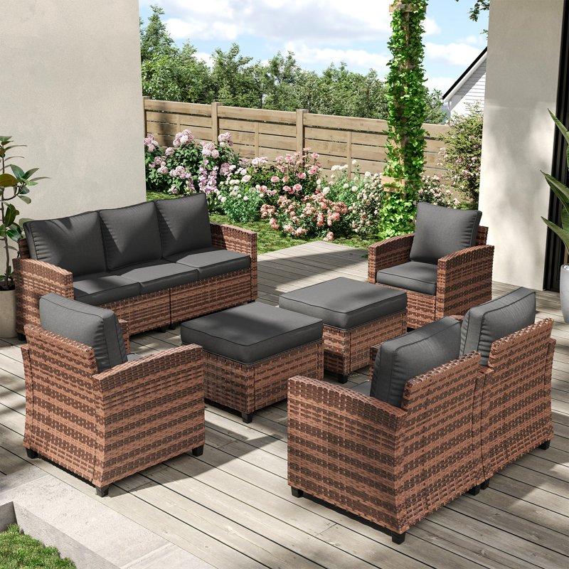 POTEBAN Patio Furniture Set 7 Pieces Outdoor Sectional Sofa Couch With Chairs Ottomans And Comfy Cushions All Weather Wicker Rattan Patio Conversation Set For Garden Backyard Dark Grey