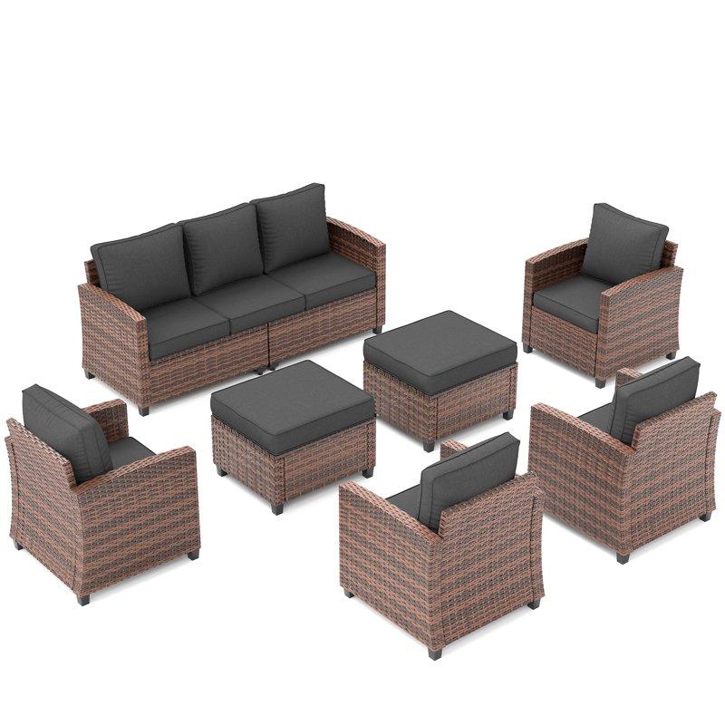 POTEBAN Patio Furniture Set 7 Pieces Outdoor Sectional Sofa Couch With Chairs Ottomans And Comfy Cushions All Weather Wicker Rattan Patio Conversation Set For Garden Backyard Dark Grey