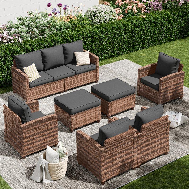 POTEBAN Patio Furniture Set 7 Pieces Outdoor Sectional Sofa Couch with Chairs Ottomans and Comfy Cushions All Weather Wicker Rattan Patio Conversation Set for Garden Backyard Dark Grey