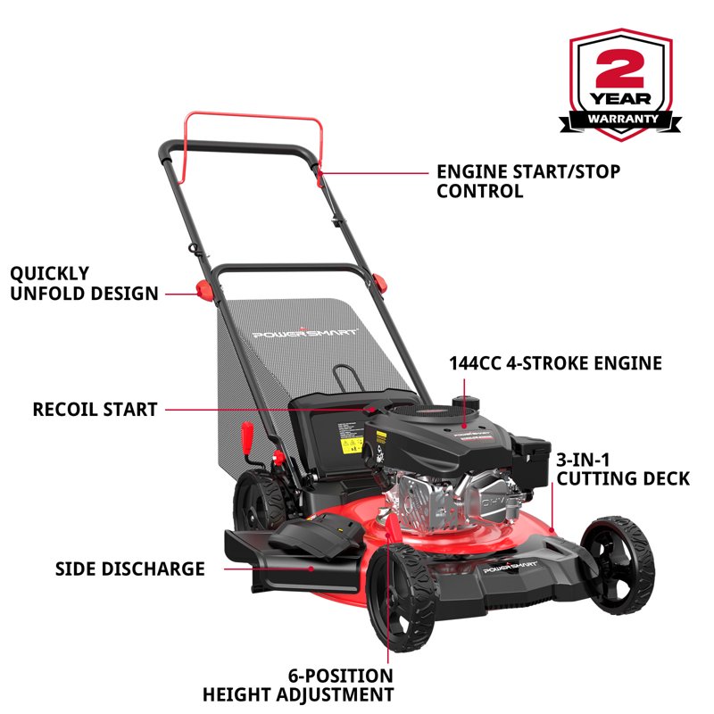 PowerSmart 21" 144cc Gas Push Lawn Mower With 6-Position Height Adjustment 3-in-1 Cutting