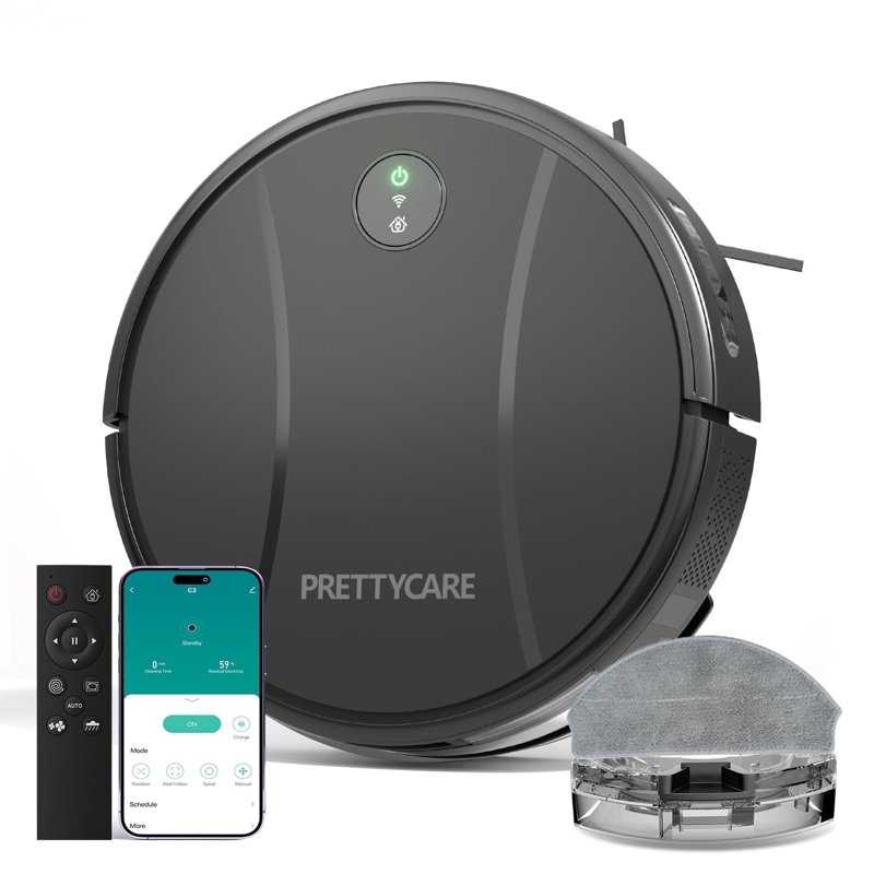 Prettycare C2 2 in 1 Robot Vacuum and Mop Combo Cleaner Black