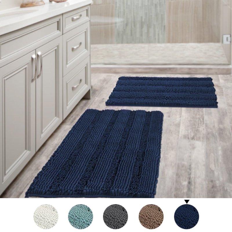 PrimeBeau Chenille Shaggy Rug Collection Contemporary Solid Print Navy Microfiber Polyester Bath Rugs 20" x 32" Plus 17" x 24" Machine Washable 2 Count