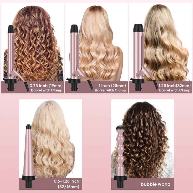 Prizm 5 In 1 Curling Irons For Hair Professional Ceramic Hair Curling Wand With Clips(0.6" To 1.25") LED Display Instant Heat Up Rose Pink