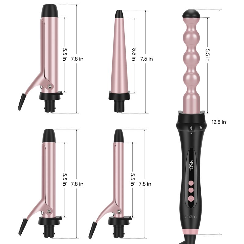 Prizm 5 In 1 Curling Irons For Hair Professional Ceramic Hair Curling Wand With Clips(0.6" To 1.25") LED Display Instant Heat Up Rose Pink