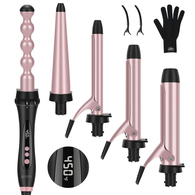 Prizm 5 in 1 Curling Irons for Hair Professional Ceramic Hair Curling Wand with Clips(0.6" to 1.25") LED Display Instant Heat Up Rose Pink