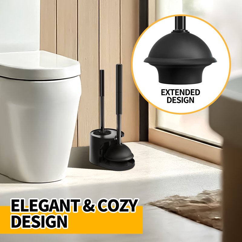 Propuri 2 In 1 Toilet Plunger And Brush Set Extended Handle Plunger Bathroom Cleaning Tools Black
