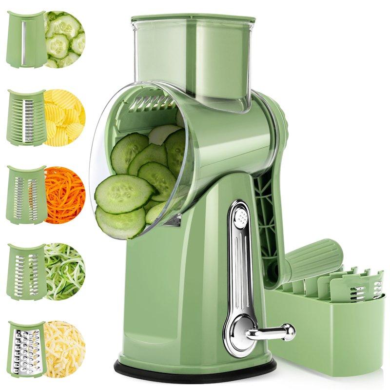 Pukomc Rotary Cheese Grater With Handle- 5 Blades Suction Base Mandoline Slicer & Veg Shredder With Blade Storage Box(Green)