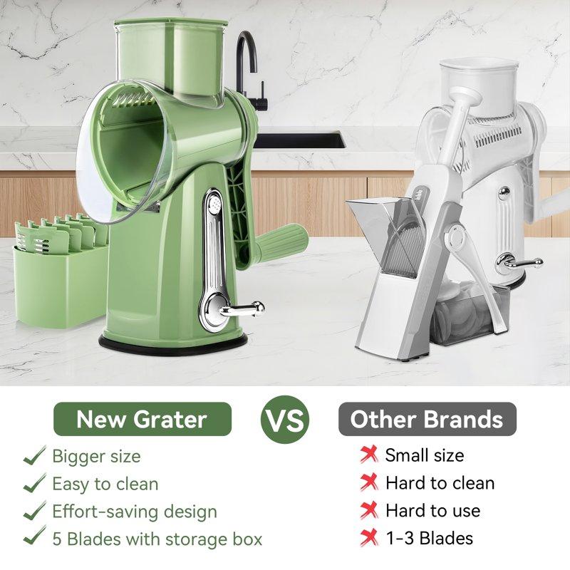 Pukomc Rotary Cheese Grater With Handle- 5 Blades Suction Base Mandoline Slicer & Veg Shredder With Blade Storage Box(Green)