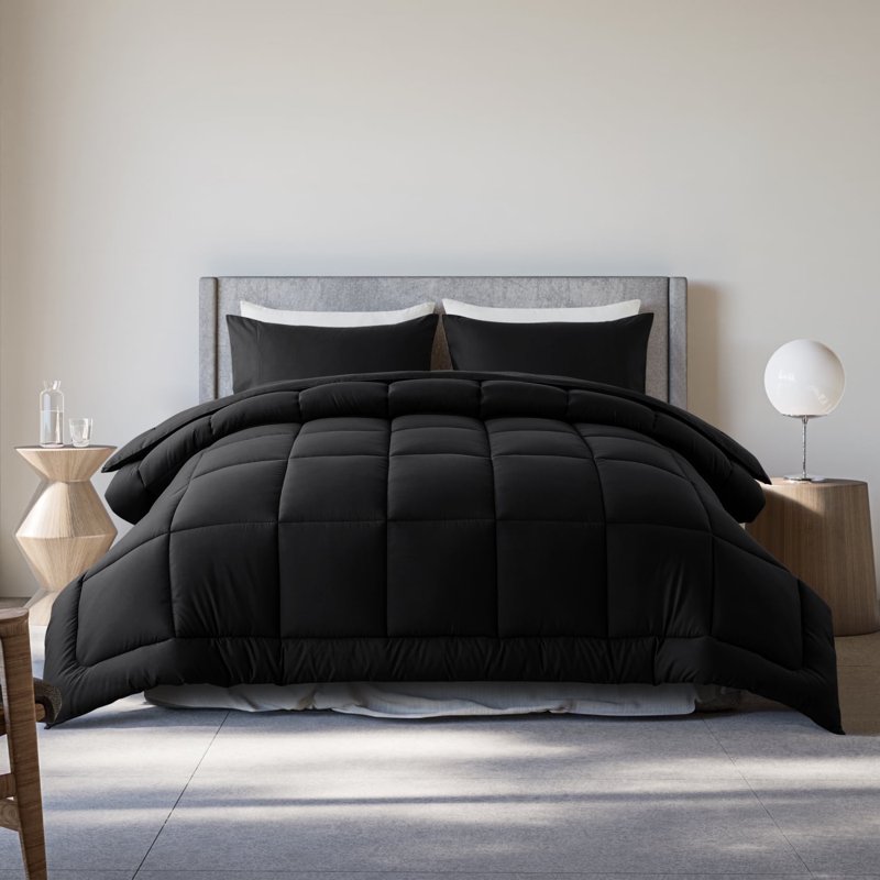 Queen Size 3-Piece All-Season Down Alternative Comforter Set Deep Black Comforter + Pillow Cases Bedding Set Hotel Grade Bed in a Bag by KINMEROOM