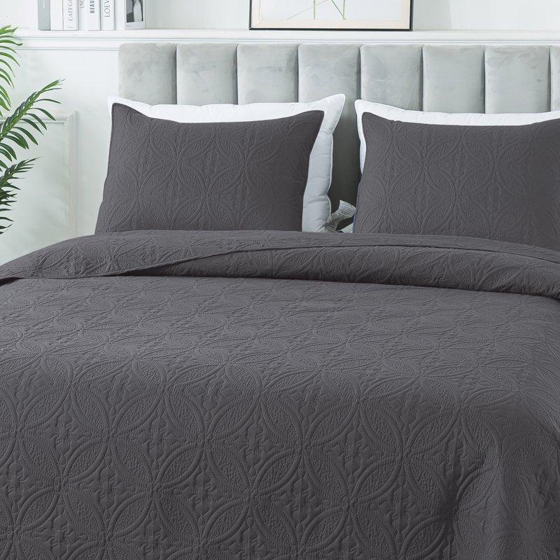 Quilt Set Queen Size - Lightweight Quilts Summer Bedspreads For All Season 3 Piece (1 Quilt 2 Pillow Shams) - Dark Grey