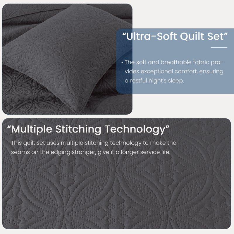 Quilt Set Queen Size - Lightweight Quilts Summer Bedspreads For All Season 3 Piece (1 Quilt 2 Pillow Shams) - Dark Grey