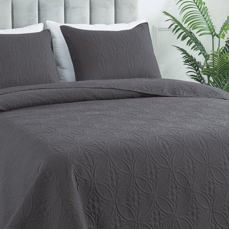 Quilt Set Queen Size - Lightweight Quilts Summer Bedspreads for All Season 3 Piece (1 Quilt 2 Pillow Shams) - Dark Grey