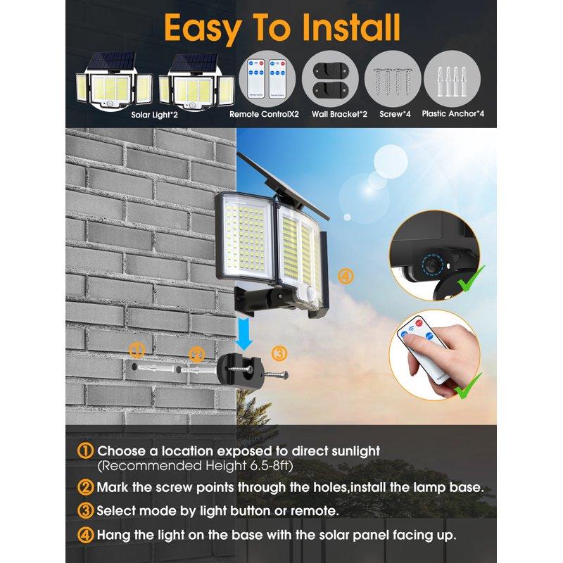 Qunler 348 LED 3000LM Solar Motion Sensor Flood Lights 2Pack