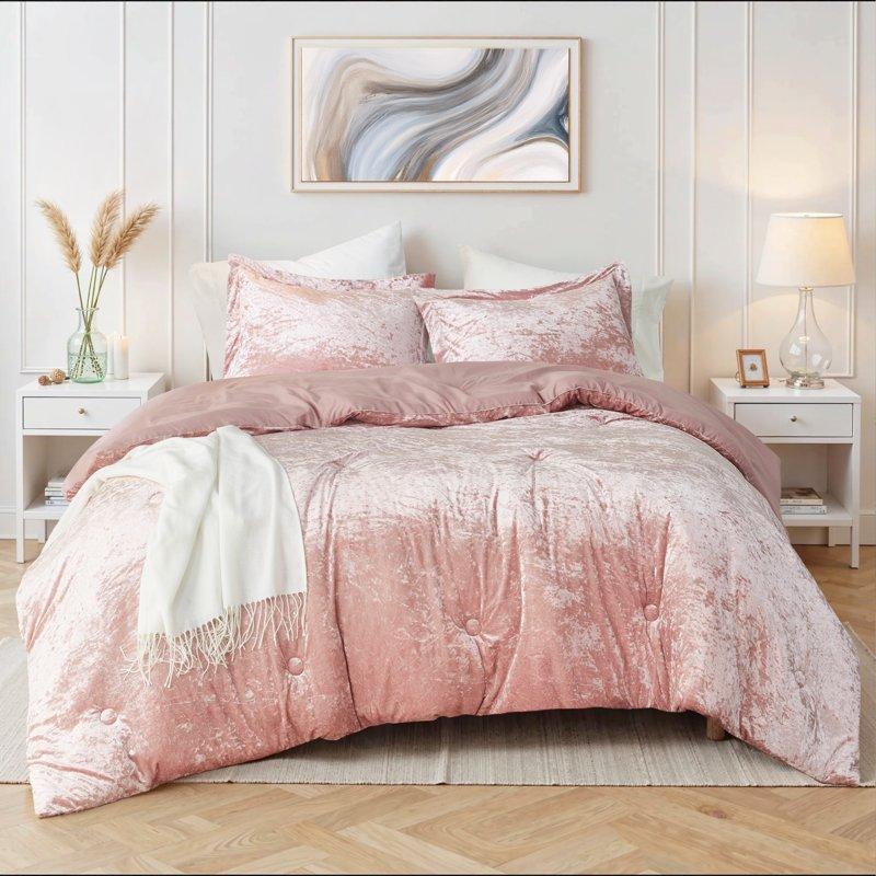 Regency Heights Luxurious Crushed Velvet Comforter Set With Circle Quilting Full/Queen 3-Piece Down Alternative Bedding Blush Pink