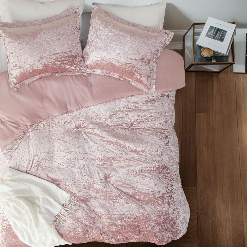 Regency Heights Luxurious Crushed Velvet Comforter Set With Circle Quilting Full/Queen 3-Piece Down Alternative Bedding Blush Pink