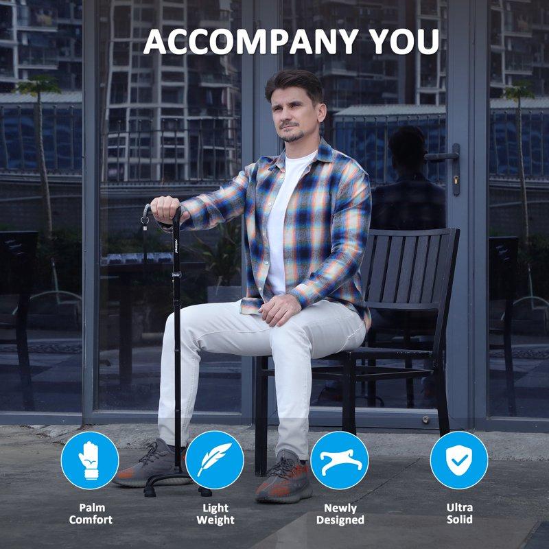 REHAND Adjustable Foldable Quad Cane Lightweight Walking Cane For Men & Women With 4-Pronged Base For Extra Balance & Stability Black