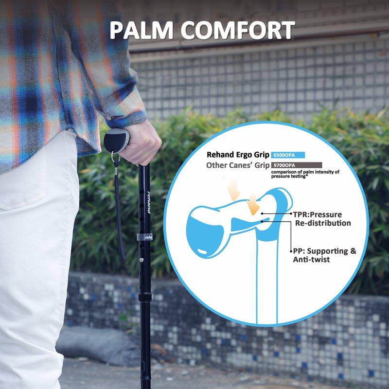 REHAND Adjustable Foldable Quad Cane Lightweight Walking Cane For Men & Women With 4-Pronged Base For Extra Balance & Stability Black