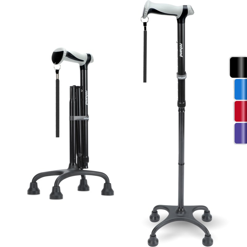 REHAND Adjustable Foldable Quad Cane Lightweight Walking Cane for Men & Women with 4-Pronged Base for Extra Balance & Stability Black