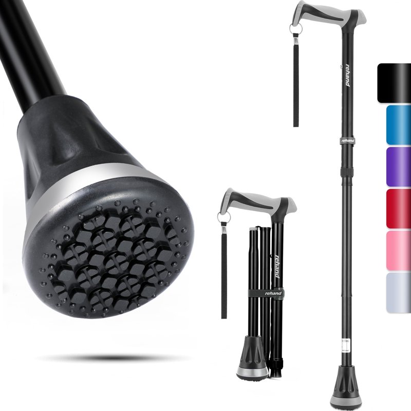 REHAND Adjustable Foldable Walking Cane For Seniors - Lightweight Heavy Duty Canes With Non-Slip Grip Collapsible Design (Black)