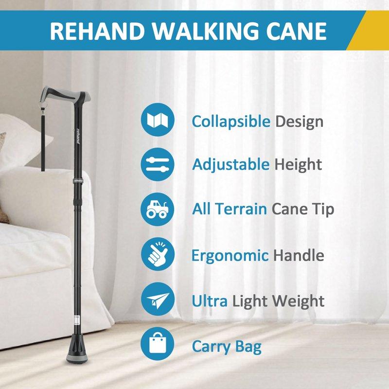 REHAND Adjustable Foldable Walking Cane For Seniors - Lightweight Heavy Duty Canes With Non-Slip Grip Collapsible Design (Black)