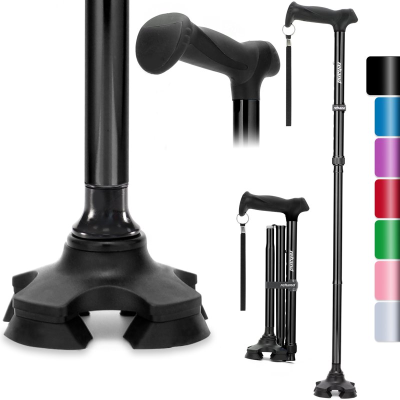 REHAND Adjustable Walking Cane Lightweight Folding Walking Stick With For Men & Women Seniors & Adults Collapsible Heavy Duty Black