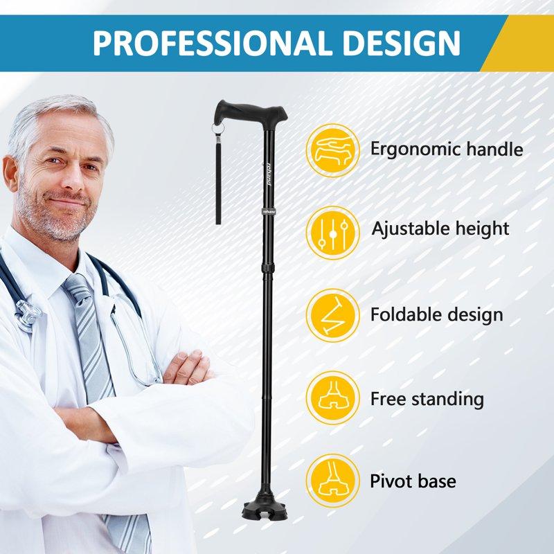 REHAND Adjustable Walking Cane Lightweight Folding Walking Stick With For Men & Women Seniors & Adults Collapsible Heavy Duty Black