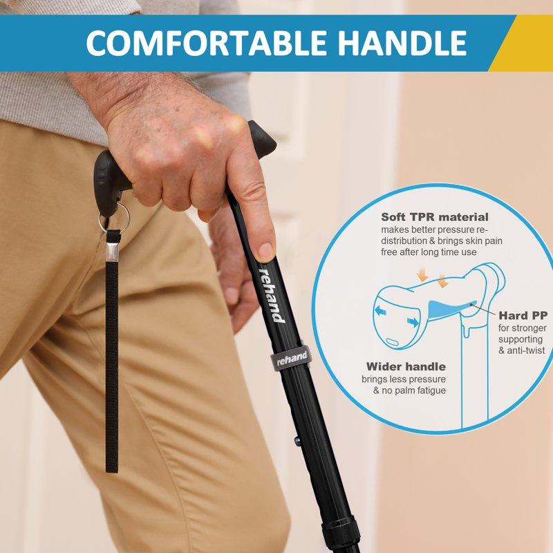 REHAND Adjustable Walking Cane Lightweight Folding Walking Stick With For Men & Women Seniors & Adults Collapsible Heavy Duty Black