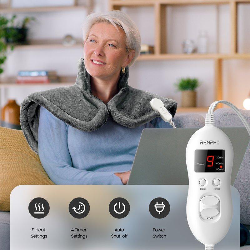 RENPHO Extra Large Heating Pad For Shoulders Neck And Back 9 Temperature Settings FSA HSA Eligible 19"x 24" Gray