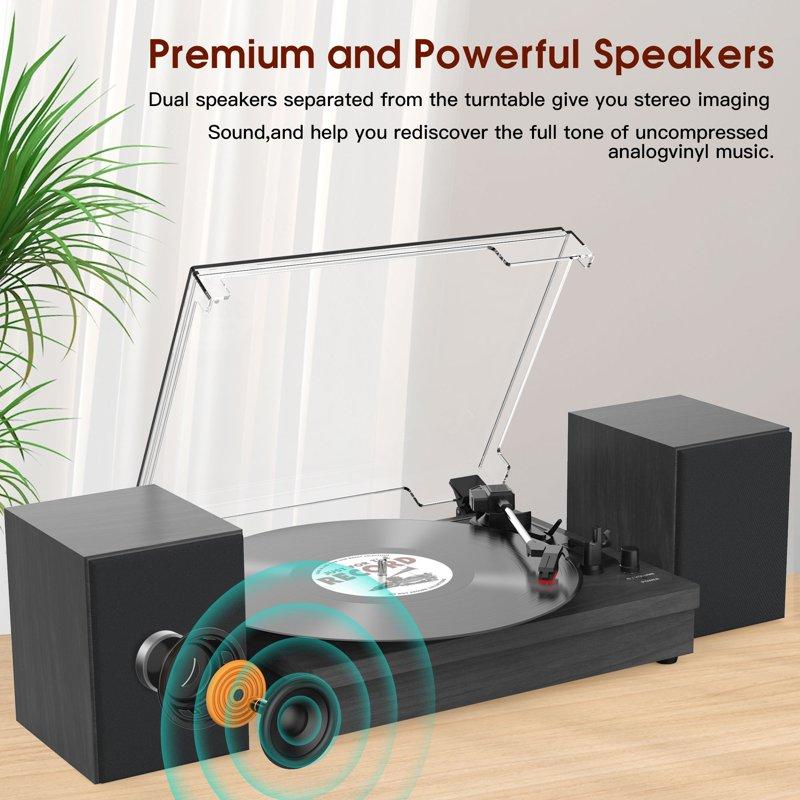 RetroAudio Vinyl Record Player Bluetooth Turntable With External Speakers Belt-Drive Turntable Support 3 Speed 3 Size Wireless Playback Black