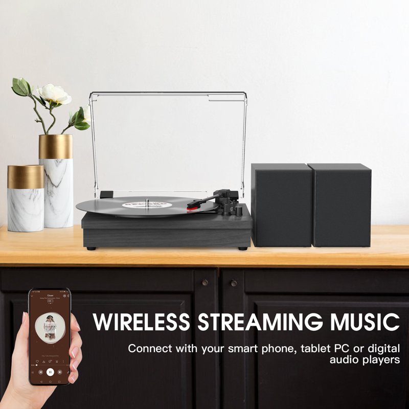 RetroAudio Vinyl Record Player Bluetooth Turntable With External Speakers Belt-Drive Turntable Support 3 Speed 3 Size Wireless Playback Black