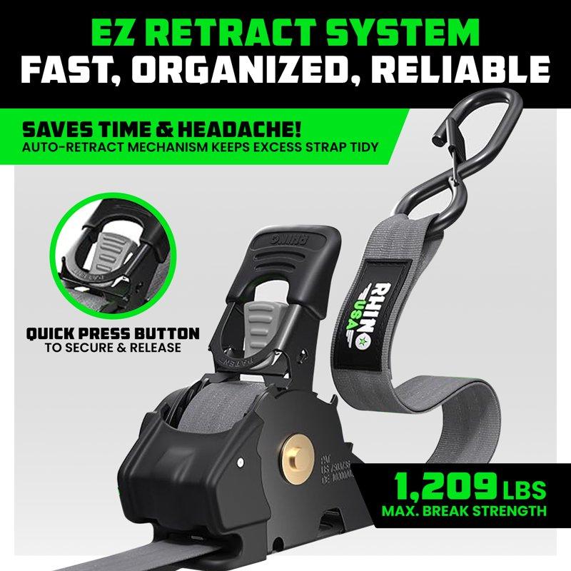 Rhino USA Heavy Duty 1" X 10' Retractable Ratchet Straps 1 209lb Break Strength (Gray 2-Pack)