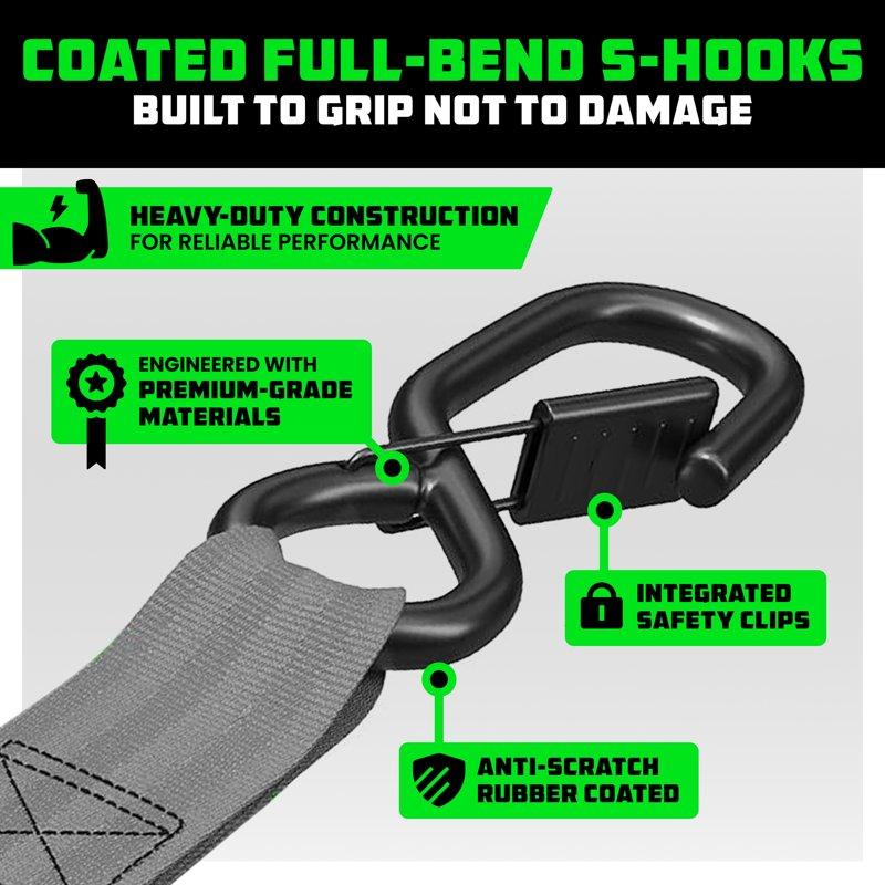 Rhino USA Heavy Duty 1" X 10' Retractable Ratchet Straps 1 209lb Break Strength (Gray 2-Pack)