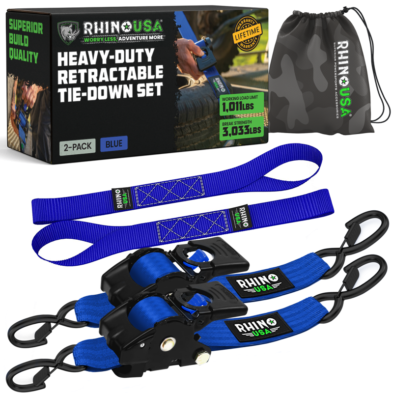 Rhino USA Heavy Duty 2" X 10' Retractable Ratchet Straps 3 033lb Break Strength (Blue 2-Pack)