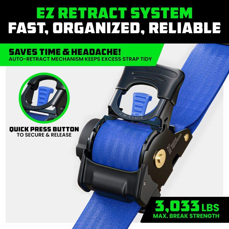 Rhino USA Heavy Duty 2" X 10' Retractable Ratchet Straps 3 033lb Break Strength (Blue 2-Pack)