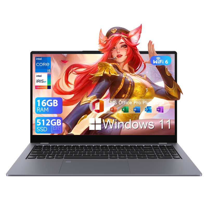 RNRUO 15.6" Laptop Dual 16GB DDR4 512GB SSD Intel Core i5 1240P 12 Core Up 4.4GHz Office 2024 Fingerprint Backlit KB WiFi 6 BT5.2 Laptop Computer for Business Student Light Gaming