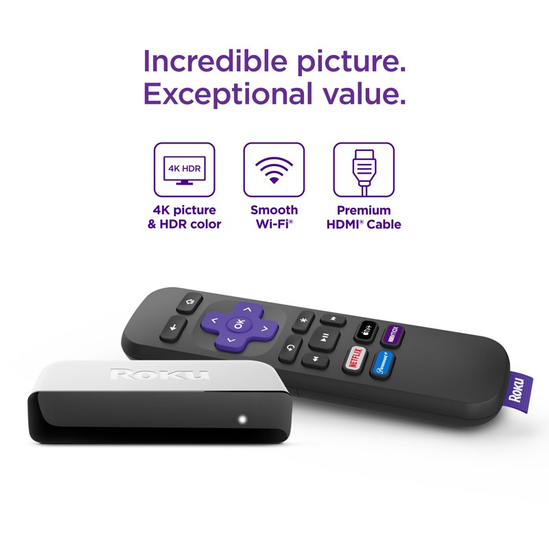 Roku Premiere 4K/HDR Streaming Media Player Wi-Fi® Enabled With Premium High Speed HDMI® Cable And Standard Remote