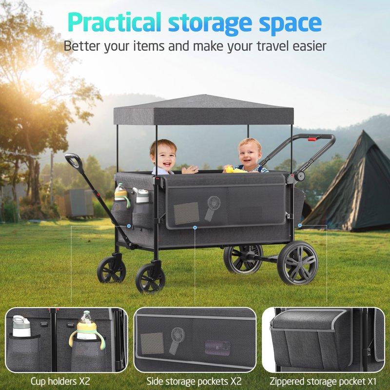 SACVON All-Terrain Stroller Wagon For Toddlers With Canopy Parent Organizer Adjustable Handlebar 2 Cup Holders