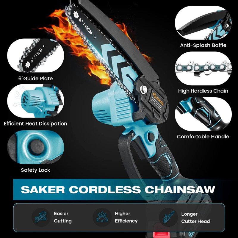 Saker 6 Inch Mini Chainsaw With 2 Batteries & 2 Chains Electric Chainsaw For Cutting Ideal For Gardening Tree Trimming Blue