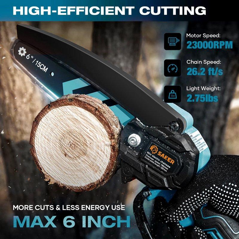 Saker 6 Inch Mini Chainsaw With 2 Batteries & 2 Chains Electric Chainsaw For Cutting Ideal For Gardening Tree Trimming Blue