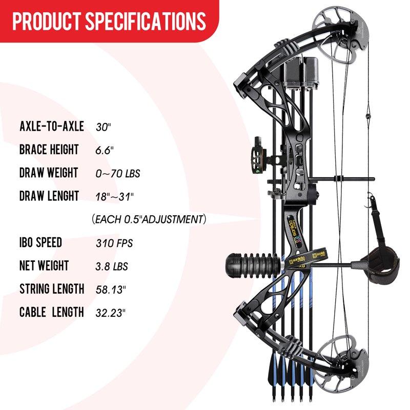 Sanlida DragonX8 RTH Compound Bow Package Black Adjustable 18”-31” Draw Length 0-70lbs Draw Weight 310 FPS