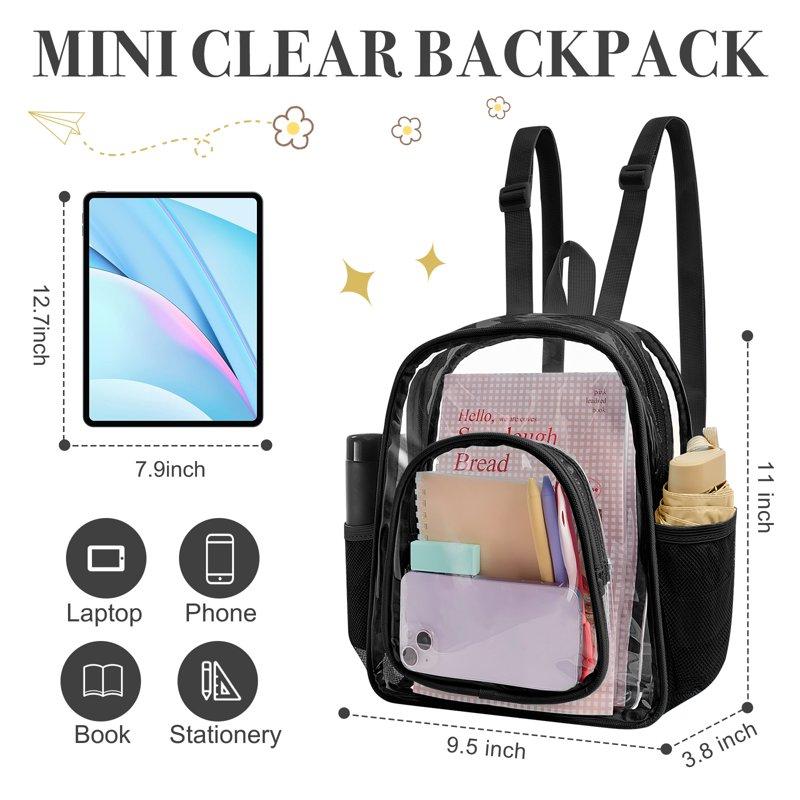 Sanmadrola Mini Clear Backpack Heavy Duty Stadium Approved PVC Transparent Backpacks Small Clear Backpack With Reinforced Strap For School Travel Black