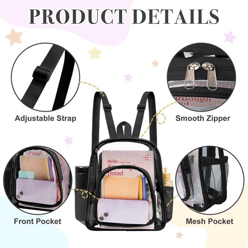 Sanmadrola Mini Clear Backpack Heavy Duty Stadium Approved PVC Transparent Backpacks Small Clear Backpack With Reinforced Strap For School Travel Black