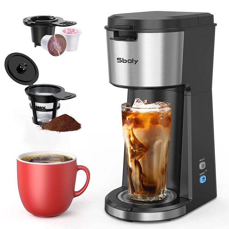 Sboly Iced Coffee Maker Hot and Cold Coffee Maker Single Serve Coffee Maker for K Cup & Ground Coffee with Descaling Reminder and Self Cleaning