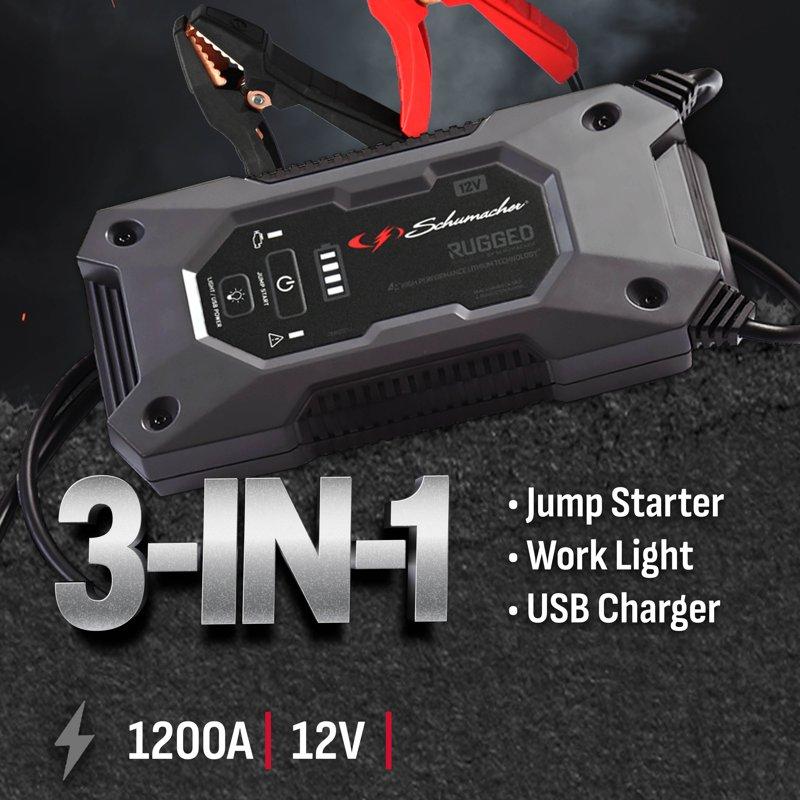 Schumacher Electric Rugged 1200A Lithium Car Battery Jump Starter And Power Pack/Jump Box USB Charging 12V Sport Auto And Marine Batteries SL1668