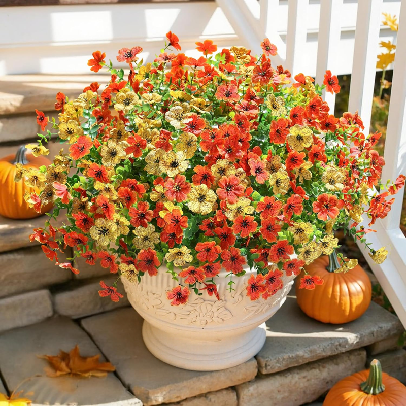 Scidweet 12 Bundles Fake Fall Flowers Autumn Artificial Faux Flowers Outdoors Fall Decorations For Home Garden Yellow Orange