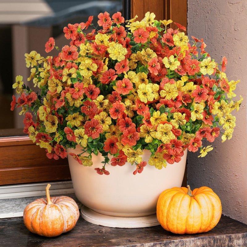 Scidweet 12 Bundles Fake Fall Flowers Autumn Artificial Faux Flowers Outdoors Fall Decorations For Home Garden Yellow Orange